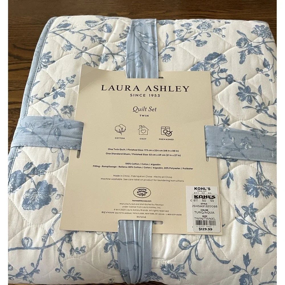 Laura Ashley Twin Quilt Sham Set Cotton Blue White Floral Dorm Room Cottagecoore